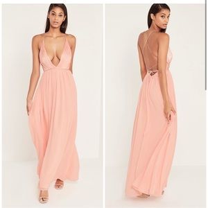 NWT Missguided x Carli Bybel Pleated Plunge Maxi Dress in Blush Nude sz US 2